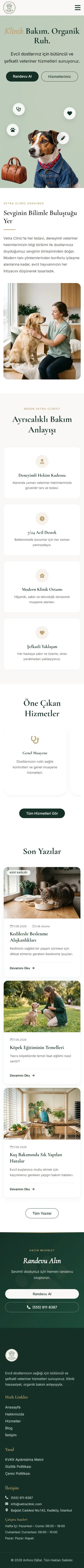 Vetra Clinic veteriner web sitesi — mobil tam sayfa